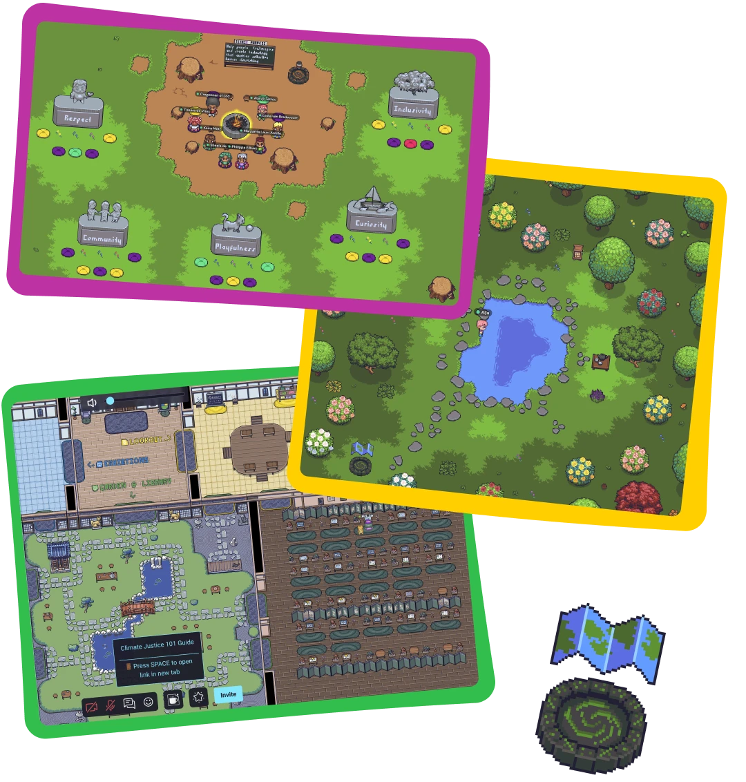 A compilation of screenshots showing different pixel world maps and assets created by the author.