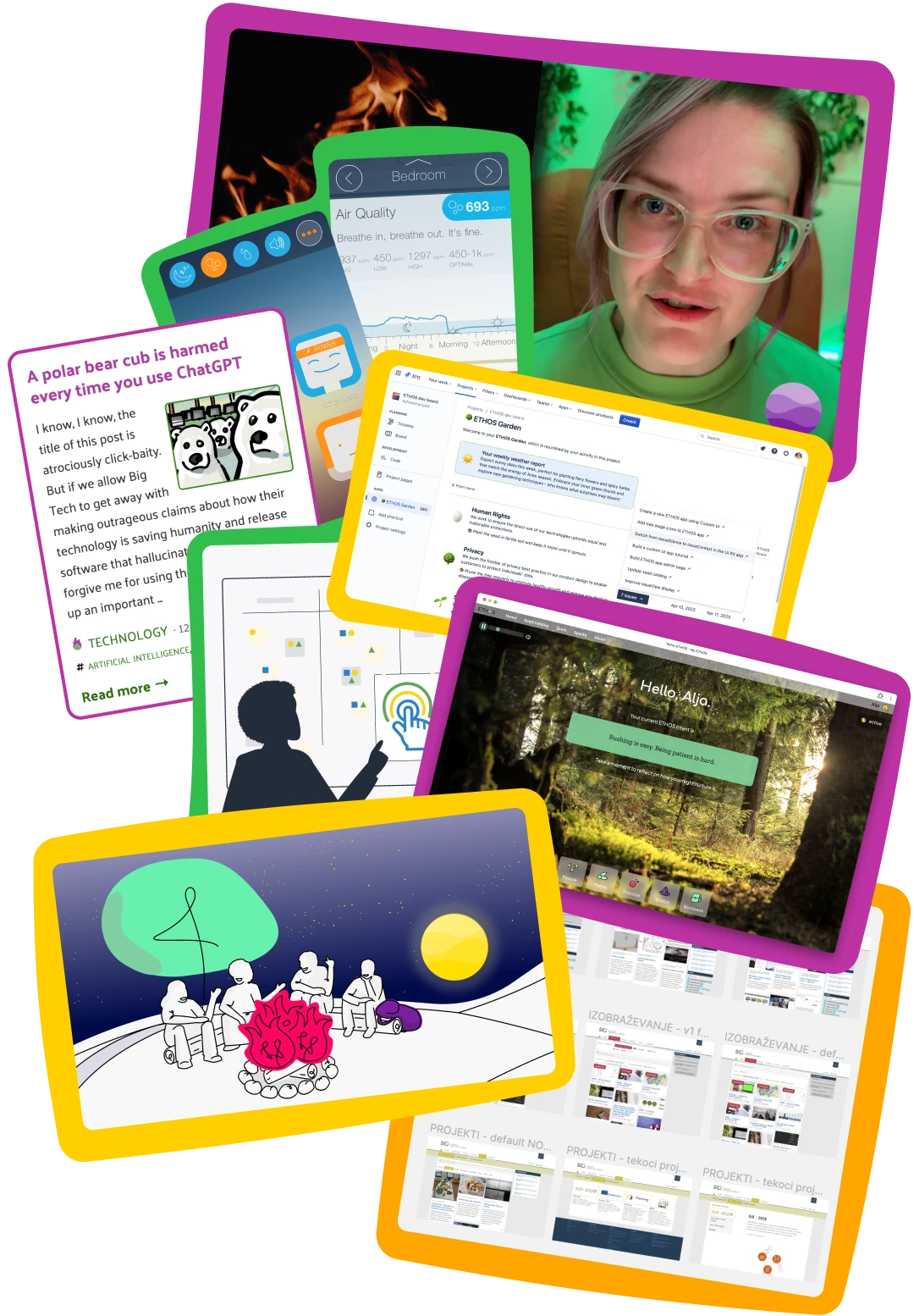 A compilation of screenshots showing different user interfaces, illustrations, and other content created by the author.